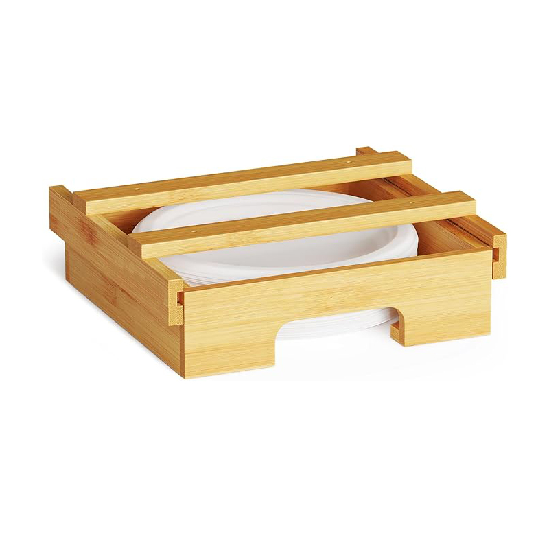 10-inch Paper Plate Dispenser Bamboo Under Cabinet Bamboo Plates Holder Kitchen Counter Vertical Plate Dipensers Holders Countertop Caddy for 10 inches Plates Bamboo Donghe DHK246006