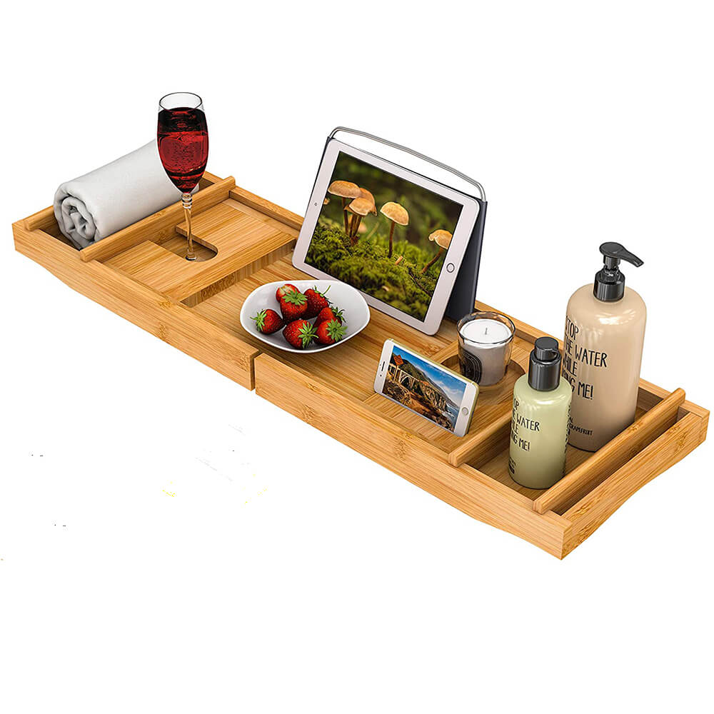 Expandable and Adjustable Bamboo Bathtub Caddy Tray for Luxury and Relaxing with Wine Glass Holder Reading Rack Donghe DHB01008