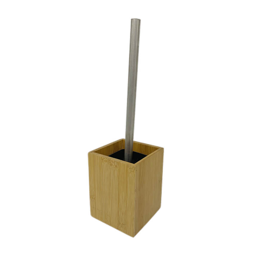 Bamboo Toilet Bowl Brush Holder Set with Stainless Steel Handle and Lid for Bathroom Cleaning Donghe DHB24049