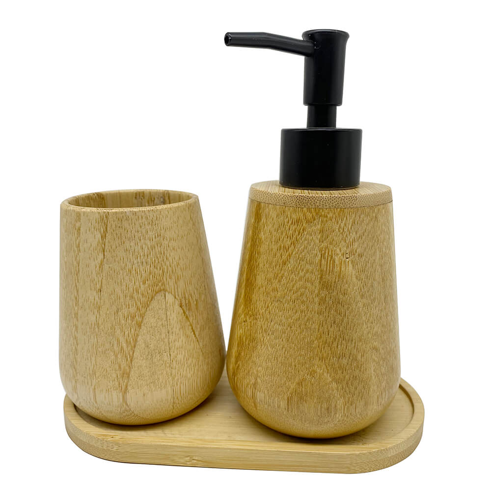 Natural Bamboo Bath Accessories 3 Pieces Set Bamboo Tray Lotion Dispenser Toothbrush Holder Bamboo Cup for Bathroom and Vanity Donghe DHB24046