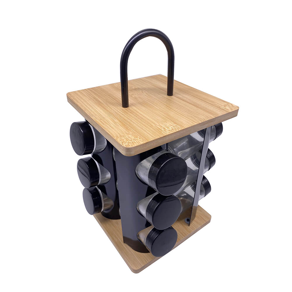 Tabletop Rotating Spice Rack Brown 12pcs Bamboo Metal Donghe HK237012