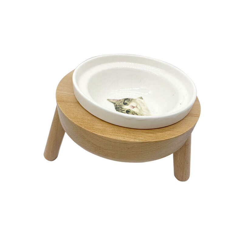 Wooden Pet Table Round with Ceramic bowl for Cats and Dogs with adjustable legs Donhe DHH01119